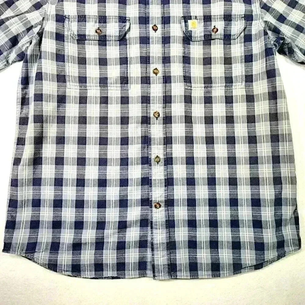 Carhartt Men's Loose Fit Midweight Shirt Large Short Sleeve Blue Plaid Button Up - Picture 5 of 15